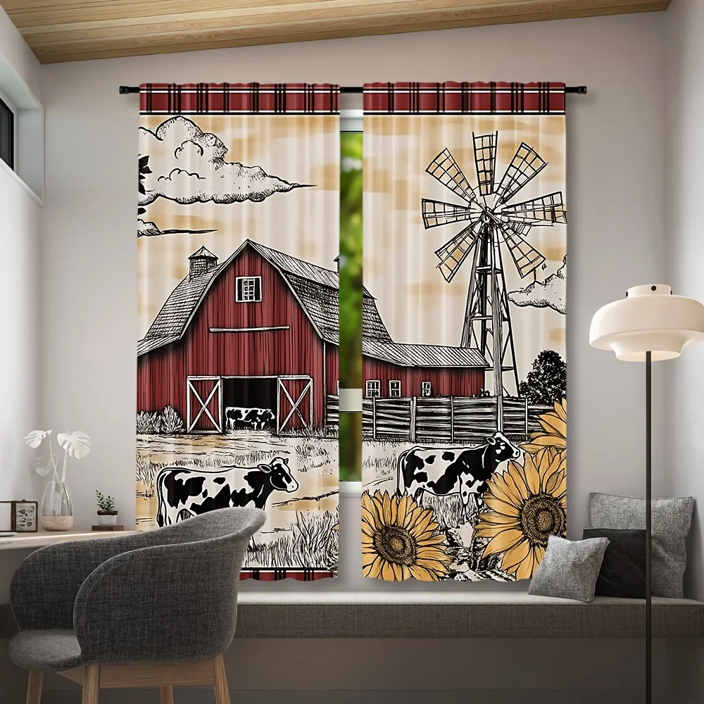 Farmhouse Curtain, Red Barn Windmill Window Drape, Vintage Cow Sunflower Blackout Panel, Rustic Kitchen Bedroom Decor