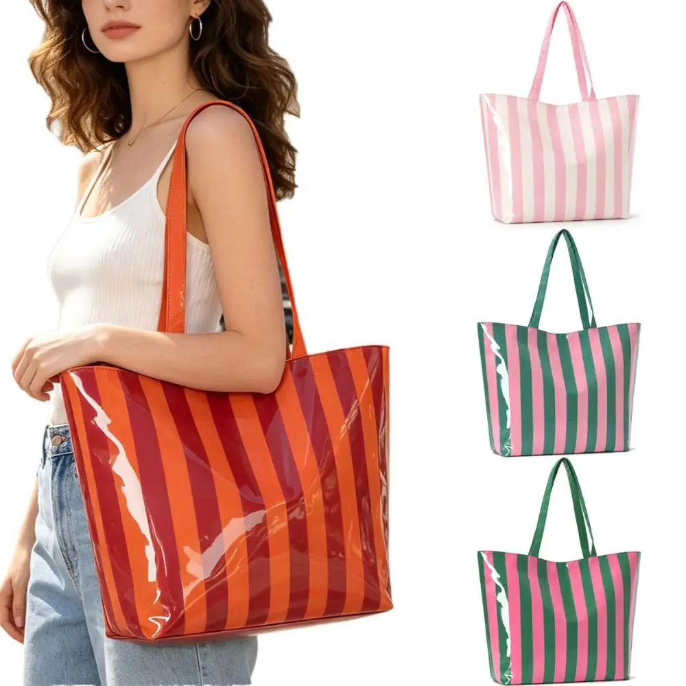 New Waterproof Striped Shoulder Purse Long Strap PVC Beach Bag Top Handle Tote Bag Beach Summer Pool Vacation Travel