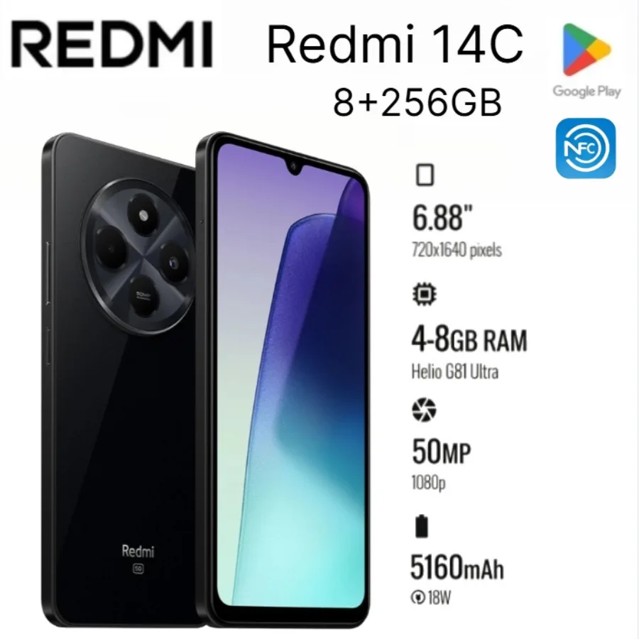 Brand new 2026 Xiaomi Redmi14c memory 8+256GB global version of the smartphone: 50 million pixels +13 million pixels dual camera