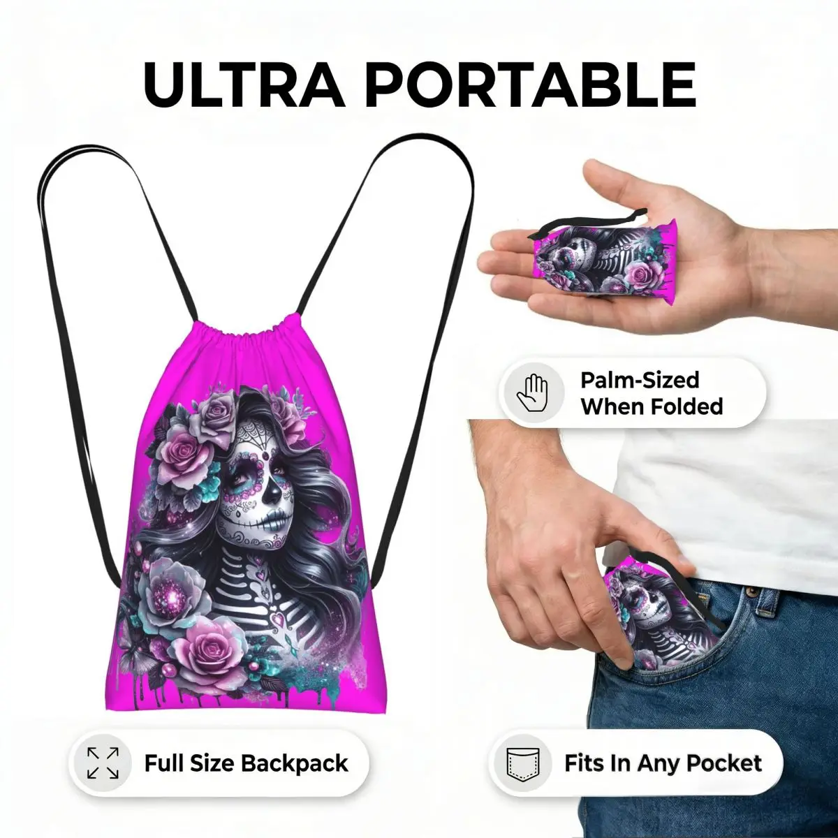 Gothic Day Of The Dead Girl With Roses Skull Drawstring Backpack Sports Gym Bag Lightweight Storage Drawstring Bag for Men Women