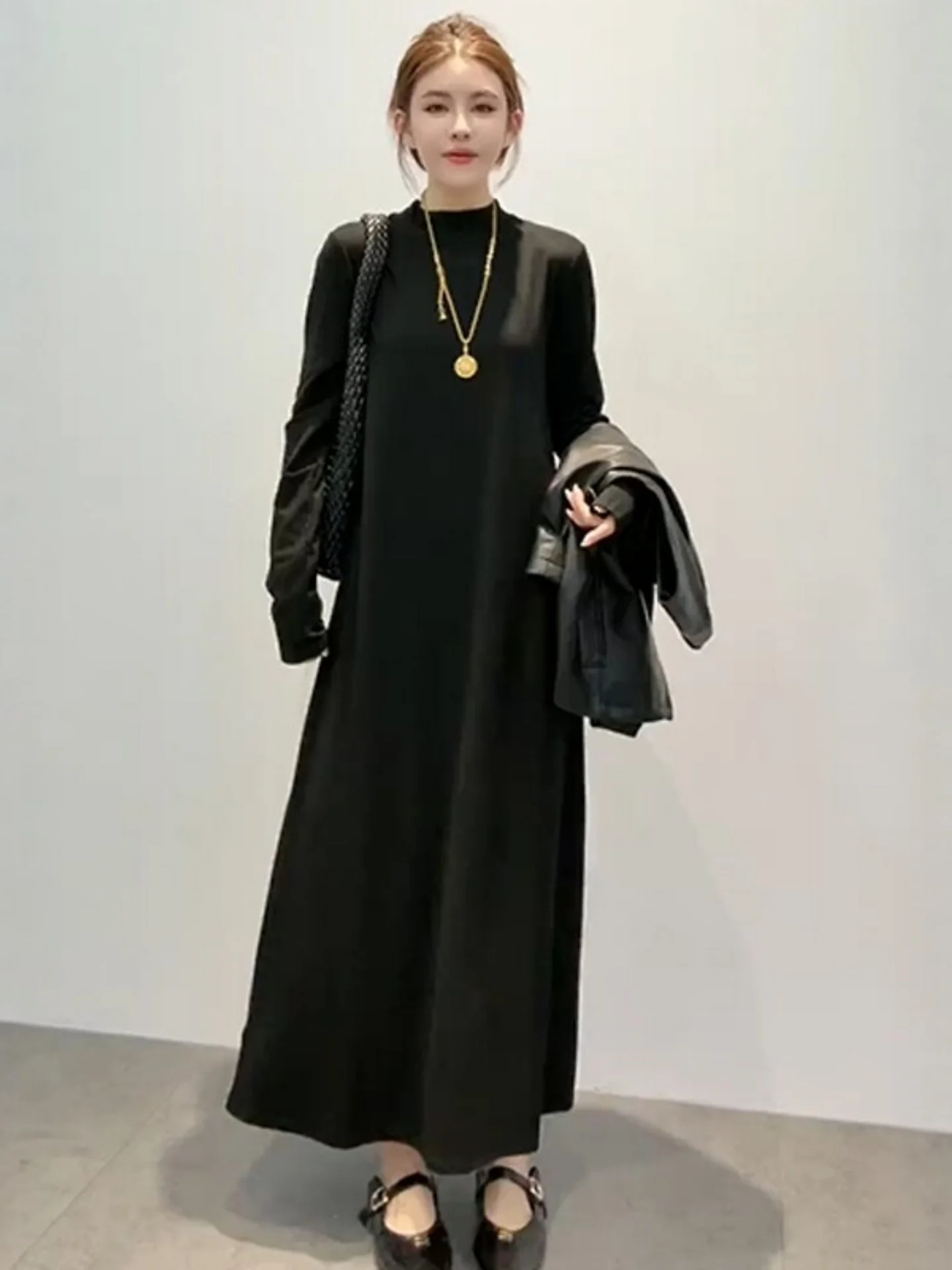 Elegant Black Long Sleeve Women's Dress Elastic Slimming Casual Style Spring Autumn New Arrival H Version Dress for Ladies