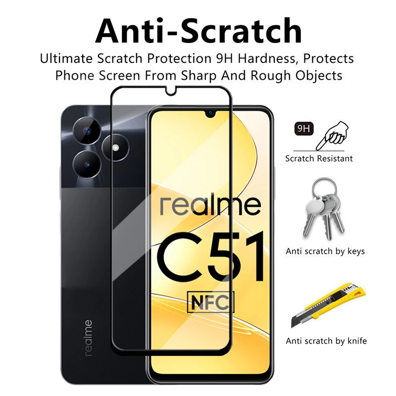 4in1 For Realme C51 Glass For Realme C51 C53 C55 C30 C31 C35 Tempered Glass 2.5D Full Cover Screen Protector For Realme C51 Film