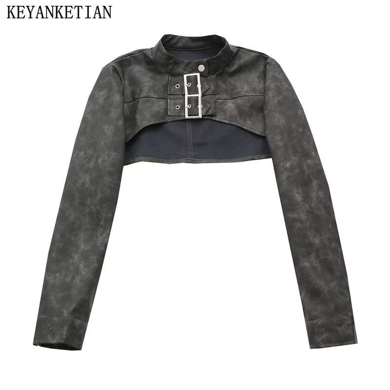 KEYANKETIAN Autumn New Women\'s Ultra Short Faux Leather Jacket High Street Stylish O-Neck Long Sleeve Zip-up Slim Crop Top