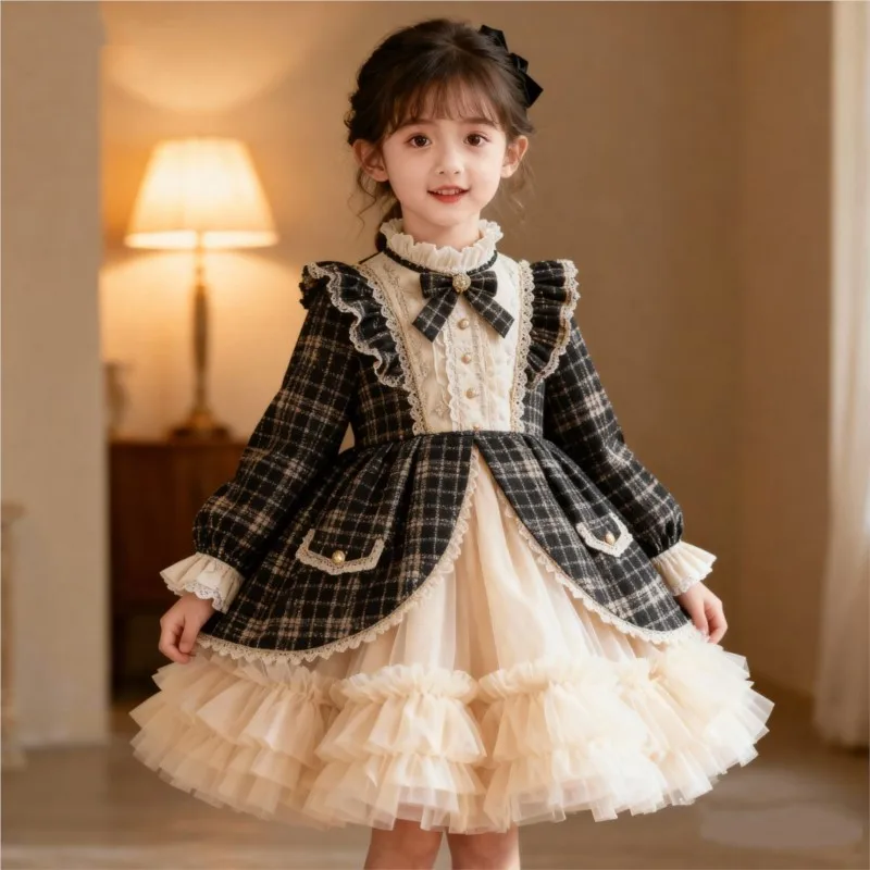 

Girl's Trendy Lolita Dress Kids' Autumn/Winter Grid-Shaped Lace Birthday Princess Dress Trendy Children's Breathable Dress LI841