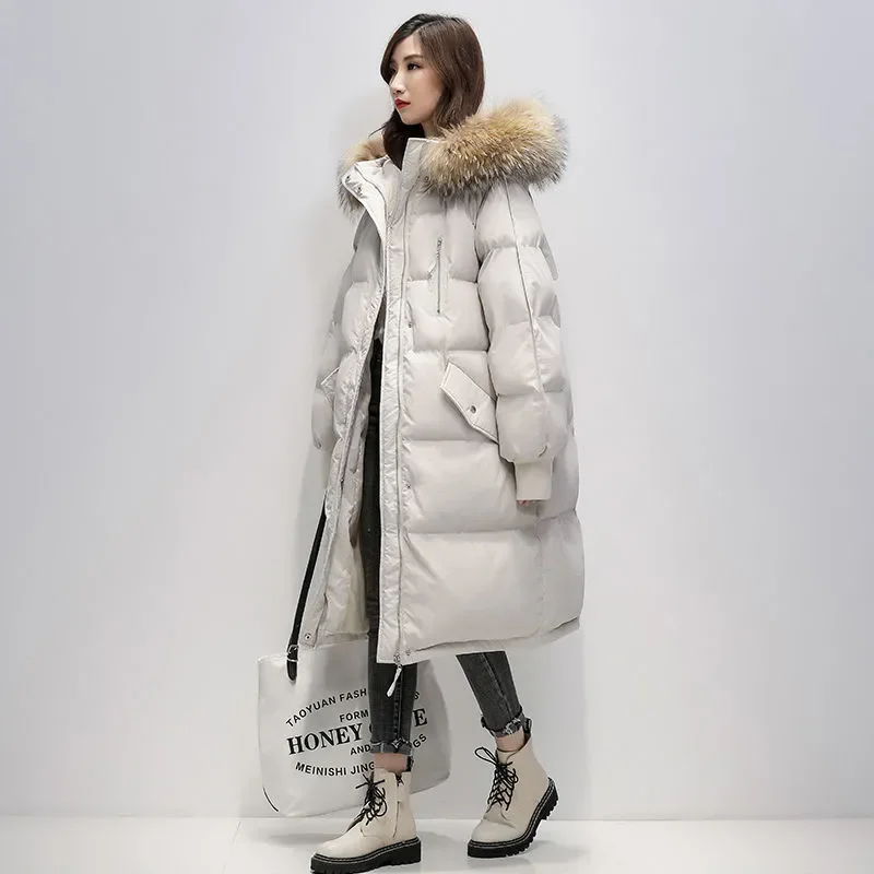 Parkas en duvet pour femmes avec grand col en fourrure, veste d'hiver, manteau optique, coton à capuche, long, automne, mode, 2024