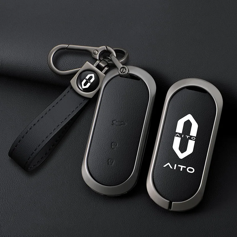 Zinc Alloy Leather Smart Car Remote Key Case Cover Holder Shell For Aito M5 M7 Auto Protector Keychain