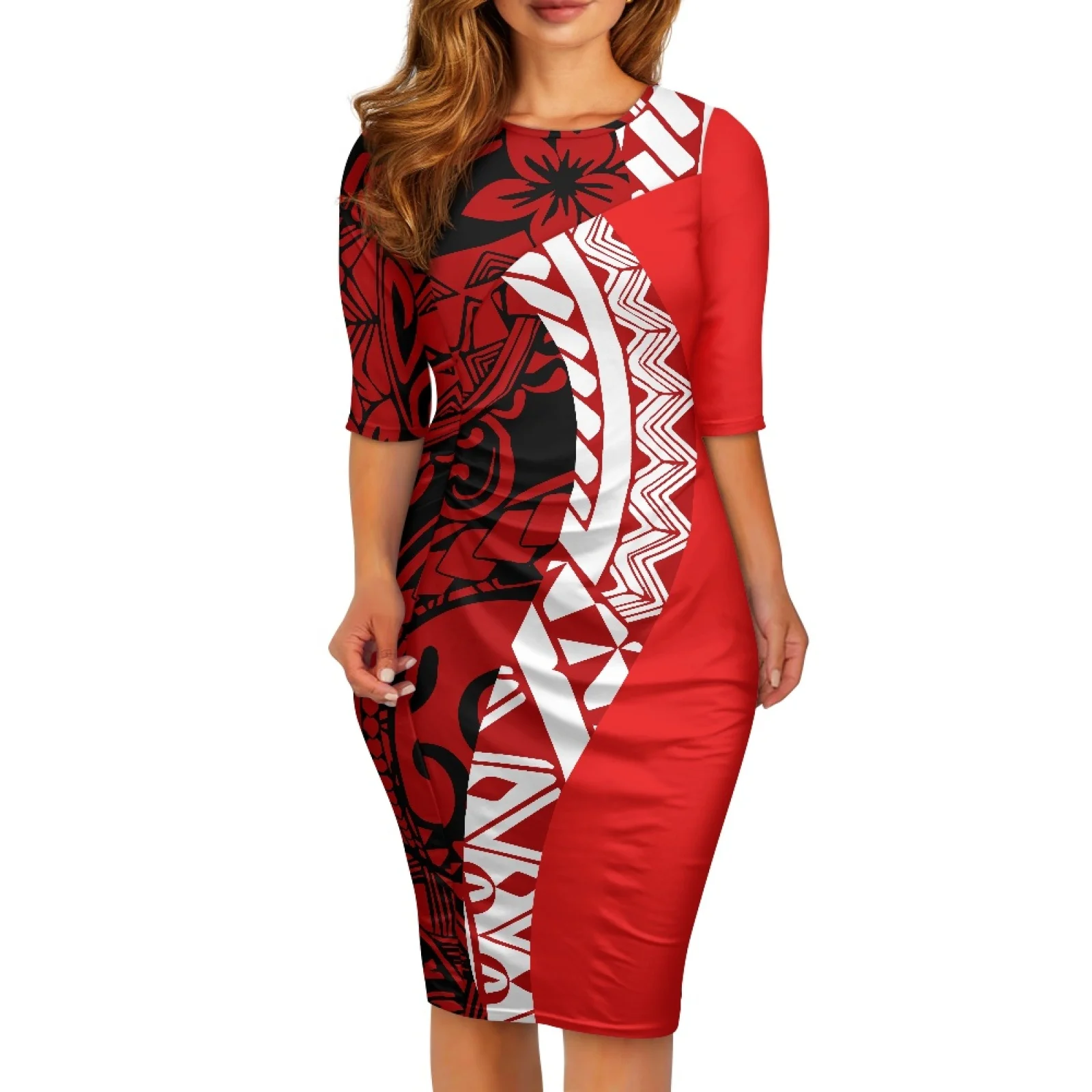 

Round Neck Half Sleeved Dress,Midi Skinny Sexy Dress, Polynesian Tribal Hawaiian Toten Printing,Wrap Party Club Pleated Dresses