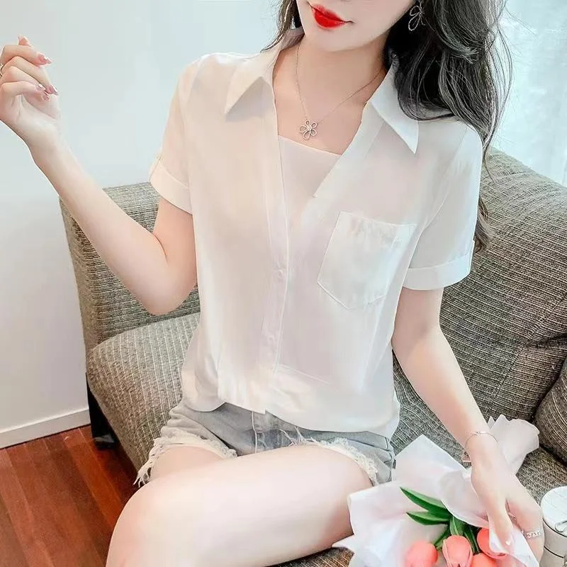 Polo Shirts for Women 2024 Fashionable French V-neck Fake Two White Shirts Summer Design Korean Loose Short Sleeved Shirt Top