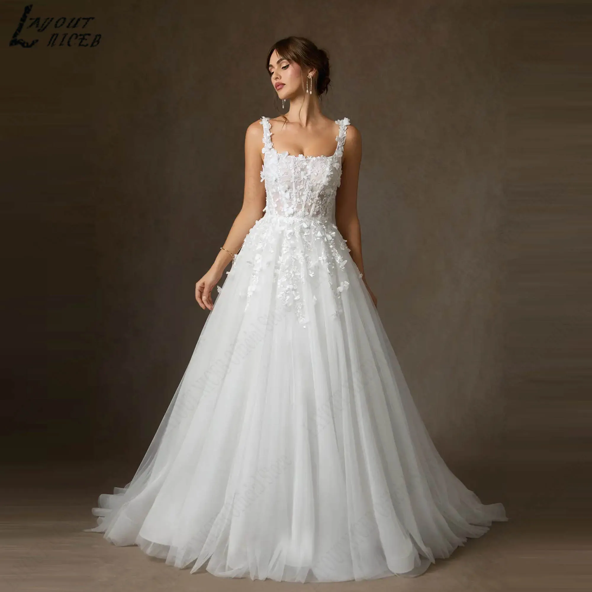 Sleeveless Square Neck Ball Gown Romantic A-line Appliques Tulle Wedding Dress for Bride Low Back Elegant vestidos Customized