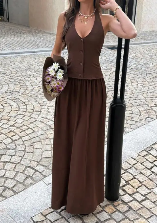 

Женский комплект: длинная юбка и топ 2026 года, летний, приталенный, сексуальный, элегантный, с V-образным вырезом, без спинки, с завязками на шее, с завышенной талией, облегающий, А-силуэт