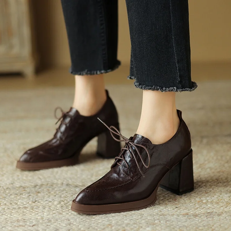 NEW Spring/Autumn Women Shoes Pointed Toe Chunky Heel Shoes Genuine Leather Shoes for Women Retro Lace up High Heel Women Pumps