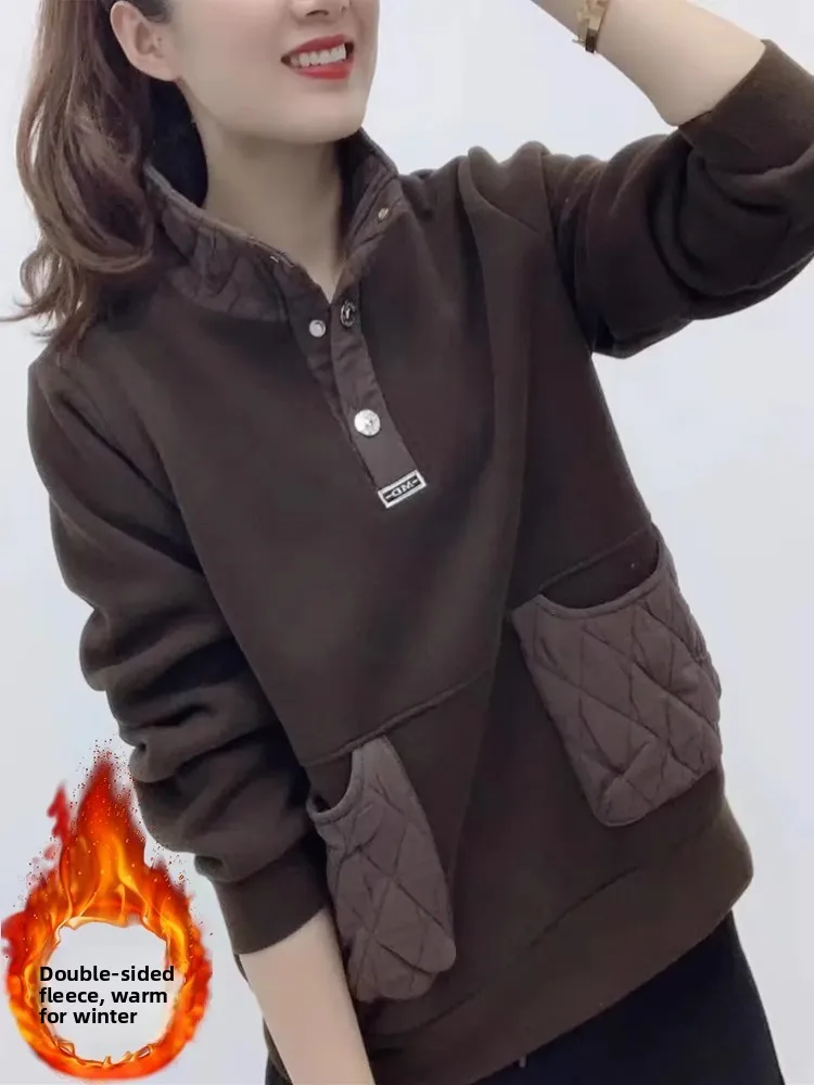 

Thickened Stand Collar Warm Sweatshirt Women's Spring New Casual Pocket Design Loose Match All Upper Apparel