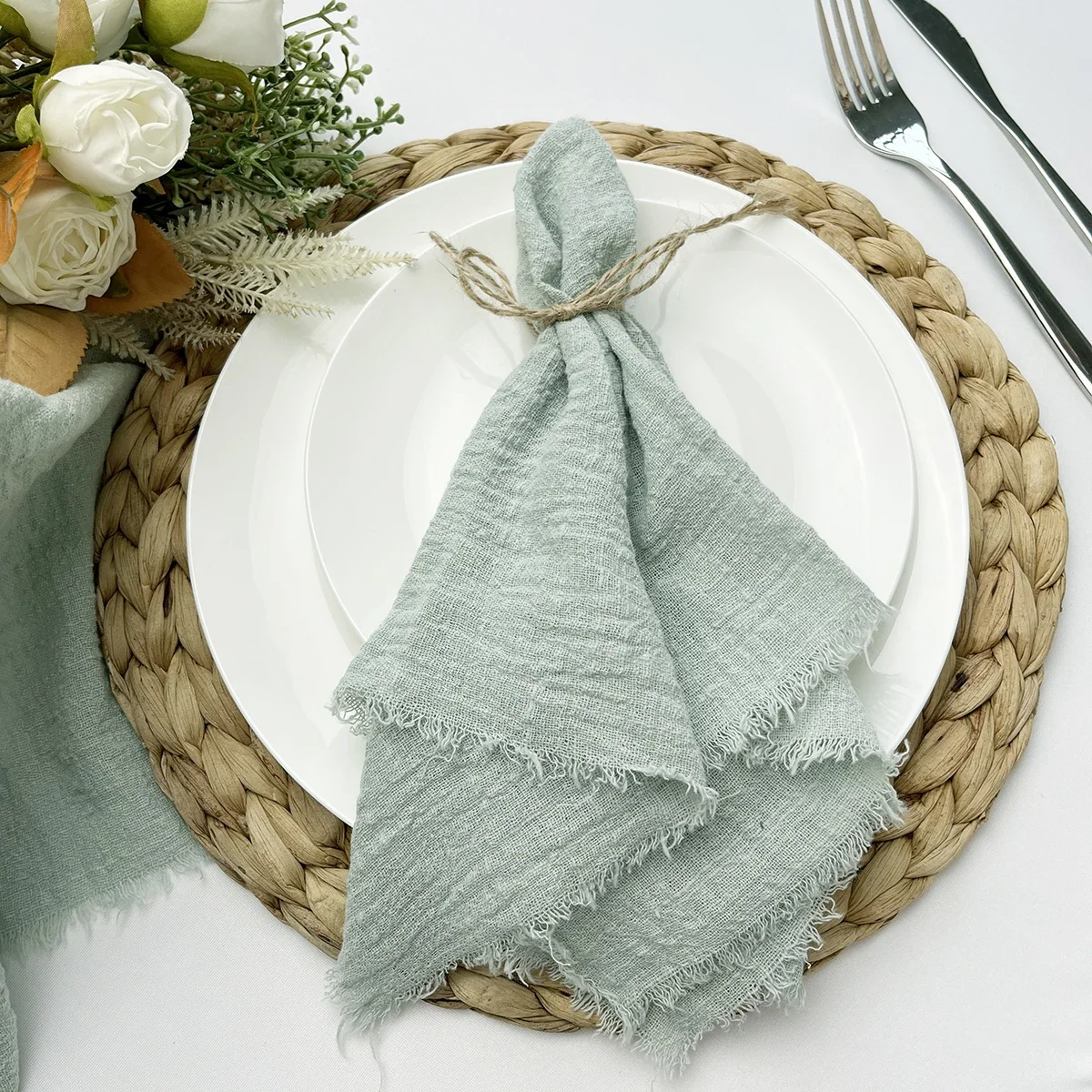 10pcs 40 X 40cm Soft Square Cotton Cloth Napkin Handmade Cloth Napkin with  Rustic Fringe Tea Towel for Dinners Parties Wedding