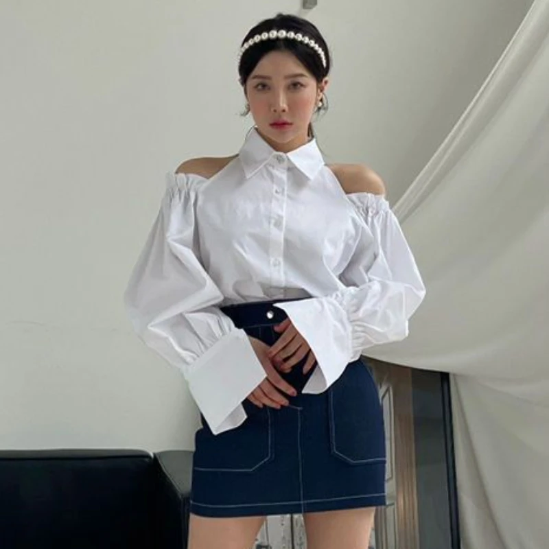 White Shirts Women Off Shoulder Long Sleeve Spring Tops All-match Solid Minimalist Tender Cute Sweet Preppy Korean Style Camisas