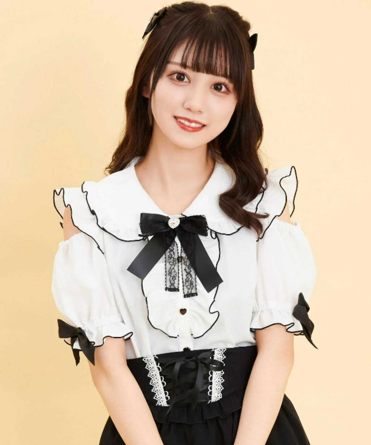White off-shoulder shirt + bow tie