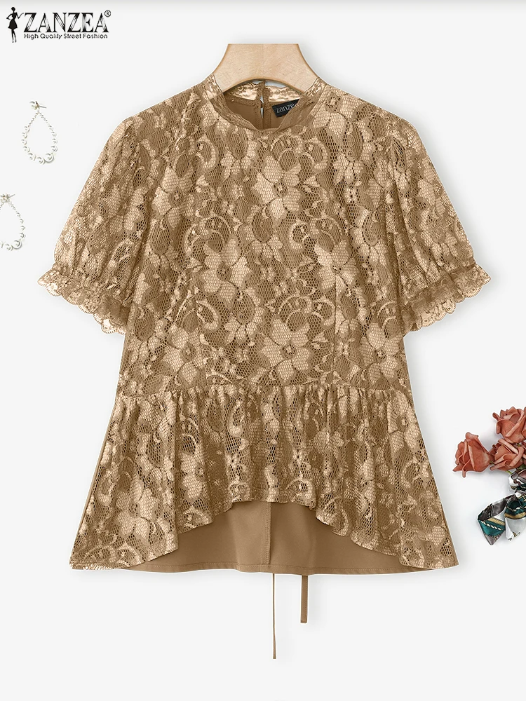 ZANZEA 2025 夏トップス エレガント OL ブラウス レディース チュニック ファッション 半袖 花柄 レース シャツ バンドゥ カジュアル オフィスレディ ブラウス