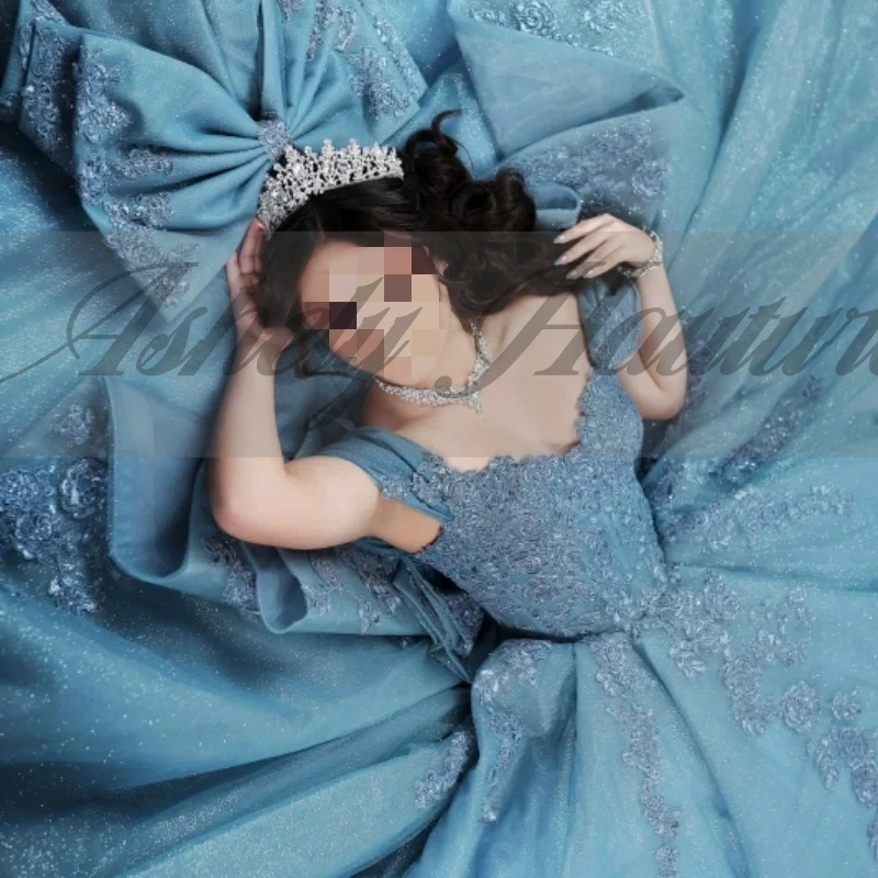 Dostosowane High End Mexico Women Birthday Party Dress Prom Occasion Wear Lace Applique Bow Puffy Skirt Sweet 15 16 Quinceanera