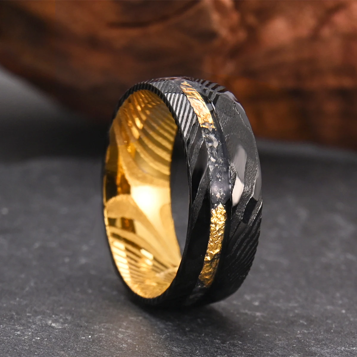 Black hammered Damascus steel men\'s 8mm couple wedding engagement ring daily fashion wear holiday gift