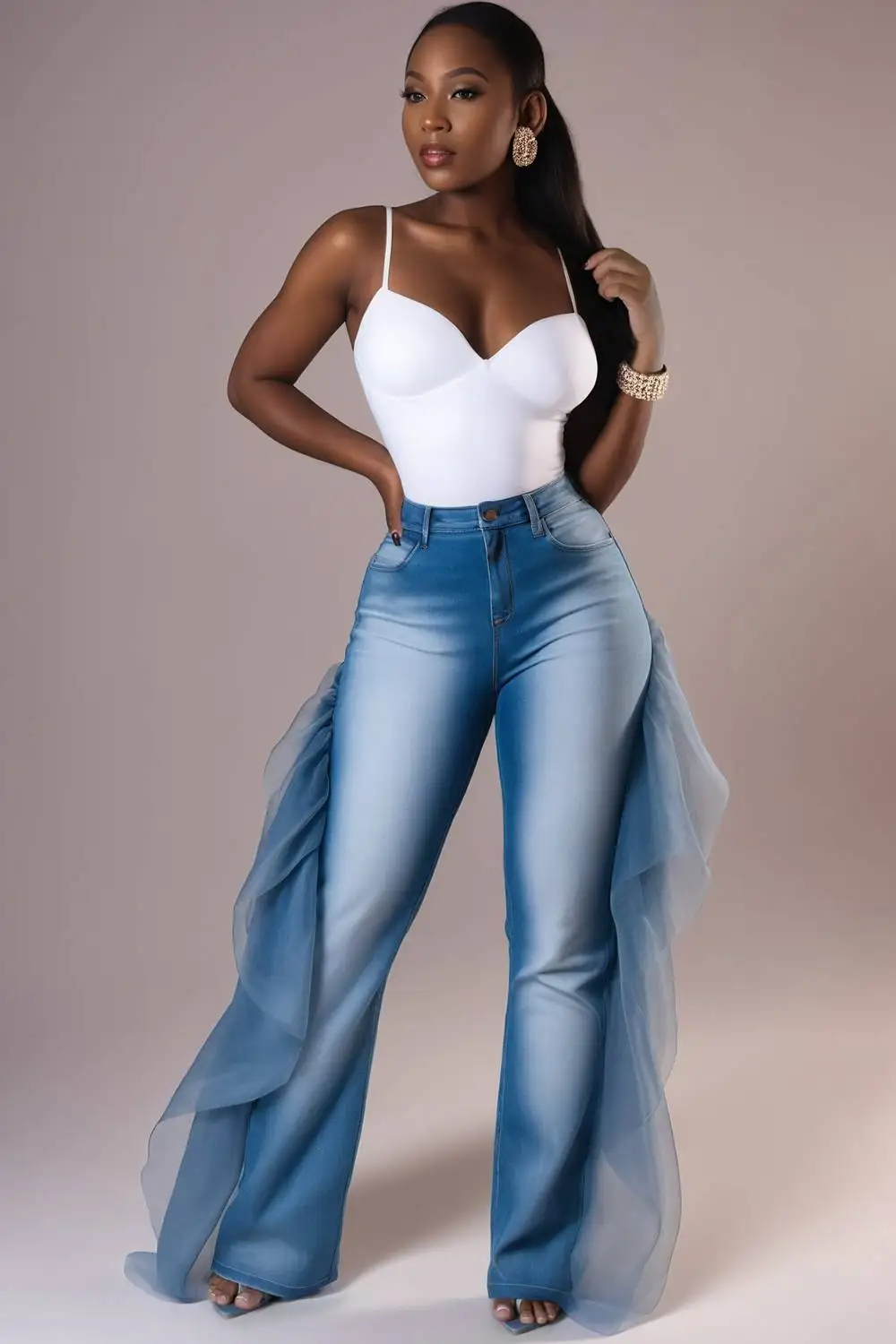 

Plus Size Daily Blue Ruffle Spliced Contrast Tulle Mid Waist Denim Jeans Worn In All Seasons Women 2025 New Fashion