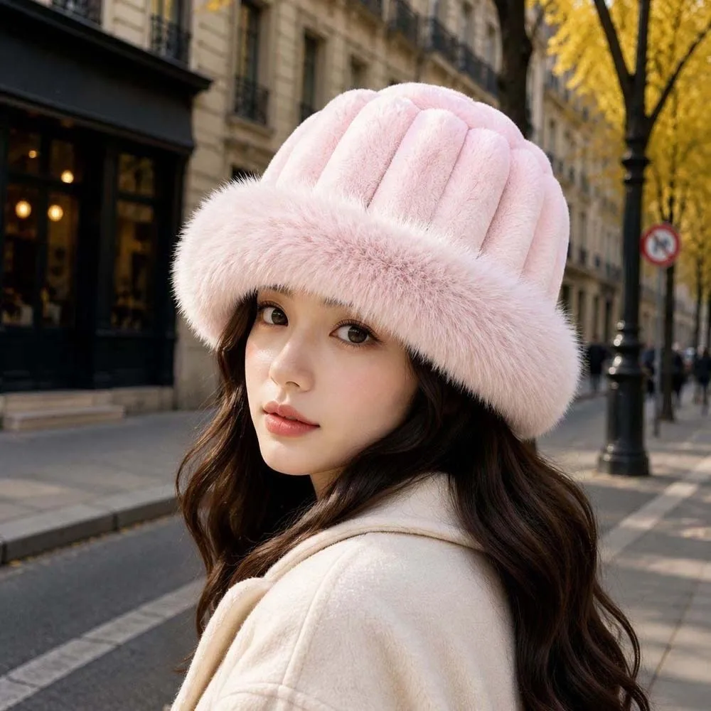 Vertical Texture Striped Fur Hat Faux Fur Brim Fleece Lining Plush Trapper Hats Windproof Thermal Insulation