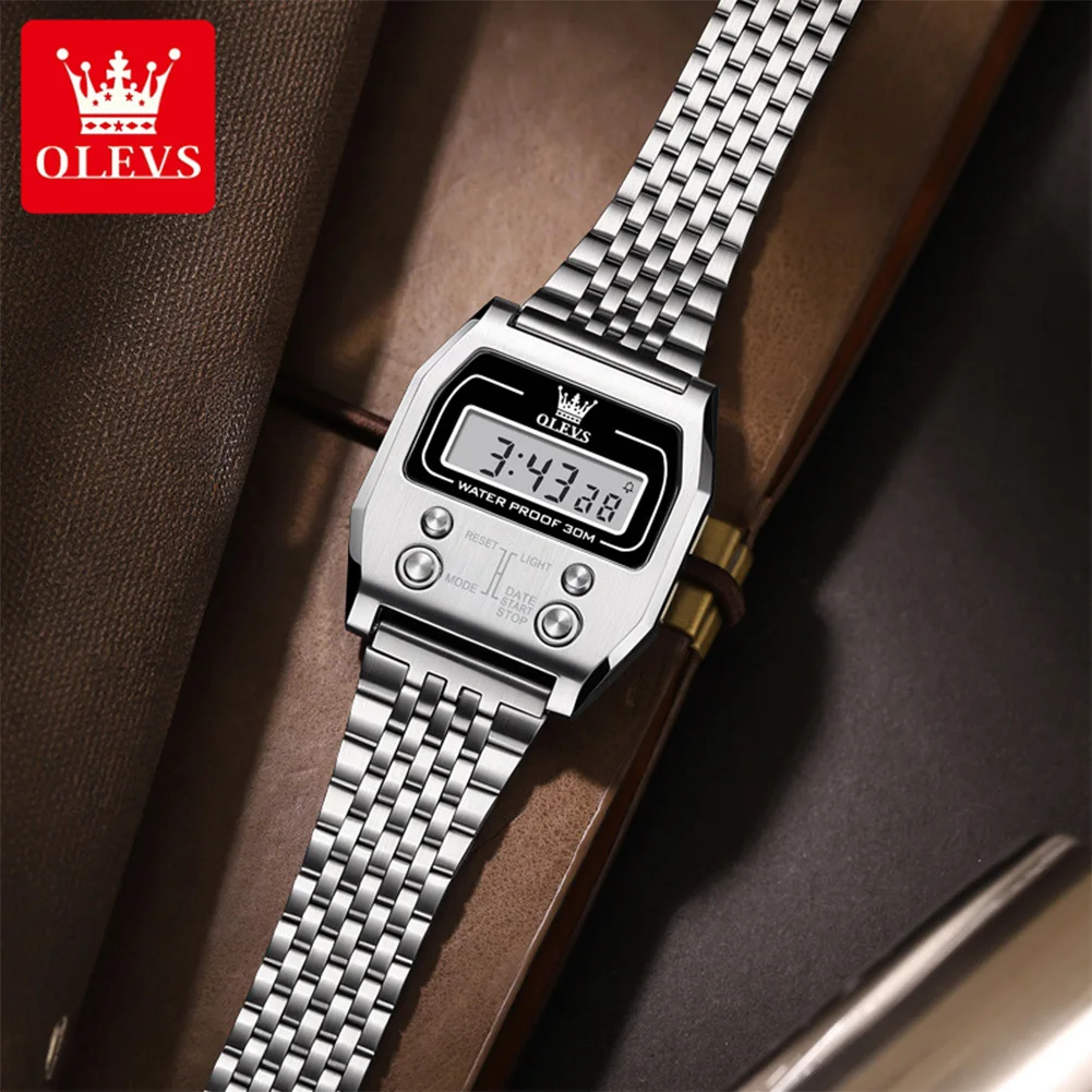 OLEVS 1113 Classic Electronic Movement Small Square Watch Multifunctuon Button Time Week Display Alarm Clock Steel Watch