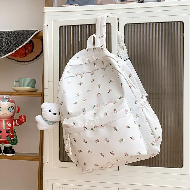 New Cute Floral Print Backpack with Bunny Plush Pendant Lightweight School Bag for Teen Girls Student Travel