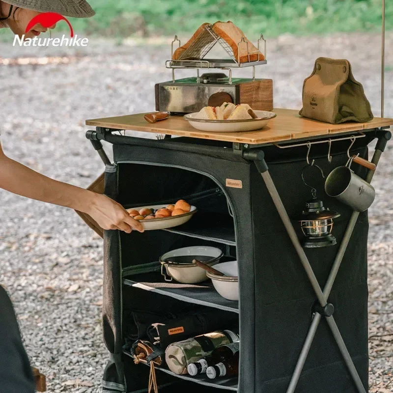 Naturehike Camping BBQ Cook Cabinet 5-Layer Large Space Outdoor Folding Tableware Storage Shelf Kitchen Table With Lamp Pole