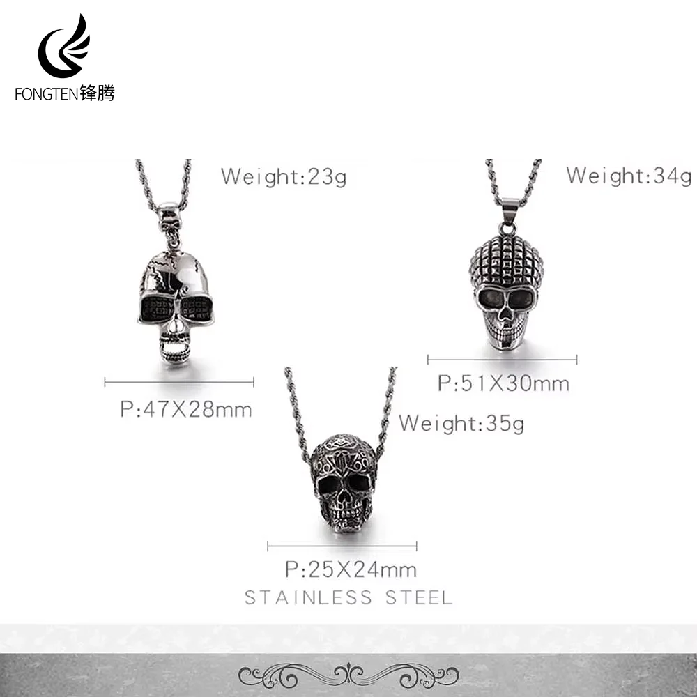 

Fongten Skull Mens Hip Hop Pendant Necklace Stainless Steel Skeleton Gothic Style Chain Charm Necklaces Jewelry