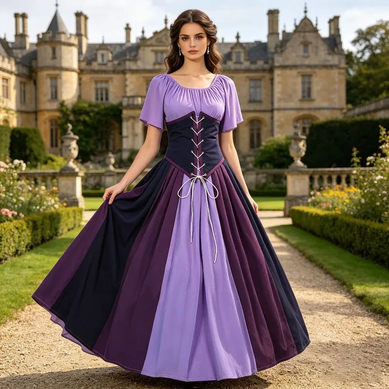 

Purple Women Renaissance Lolita Dress S-XL, Low Bust Asymmetrical Gown, Retro Pirate Peasant Gothic Cosplay Costume for Party