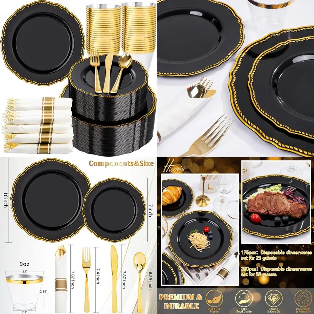 

Набор черно-золотой пластиковой посуды — 350 предметов включает 50 обеденных тарелок, 50 десертных тарелок, 50 более для элегантной столовой.