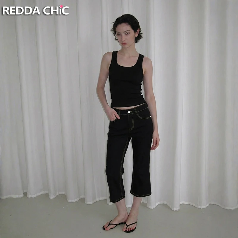 

REDDACHiC Petite Women's Low Rise Bermuda Shorts Simple Lounge Black Low Waist Clean Fit Relaxed Flare Jeans Retro Streetwear
