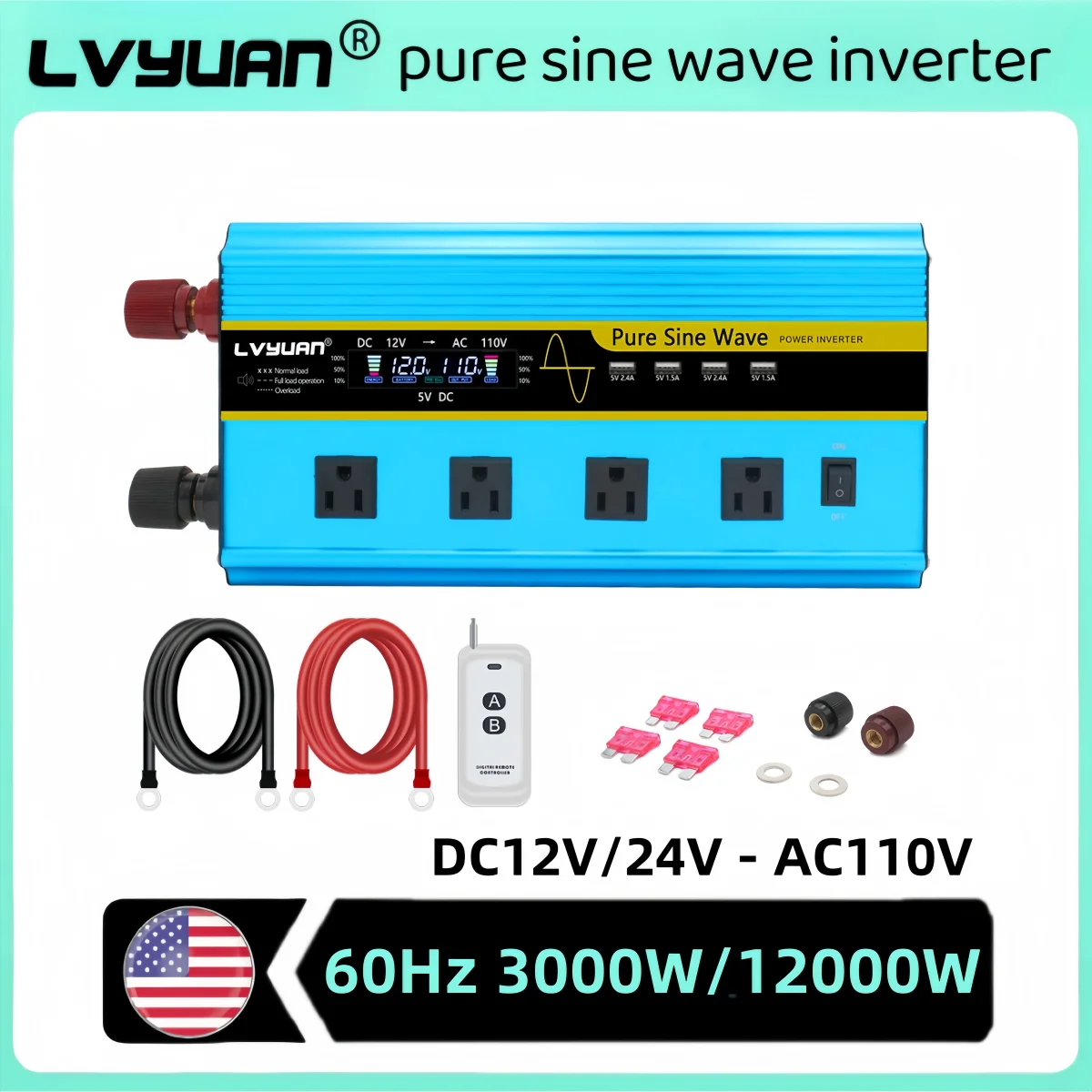 12000W Power Inverter LVYUAN Pure Sine Wave DC12V DC24V to AC 110V 4*USA socket LCD Display Smart Remote Control Power Inverter