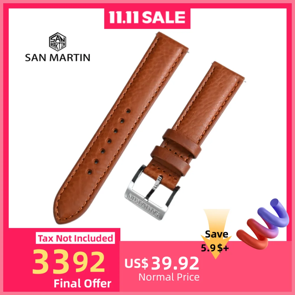 

Кожаный ремешок для часов San Martin, 20 мм, натуральный узор личи, полностью текстурированный ремешок из воловьей кожи, удобный ремешок для часов BD0013