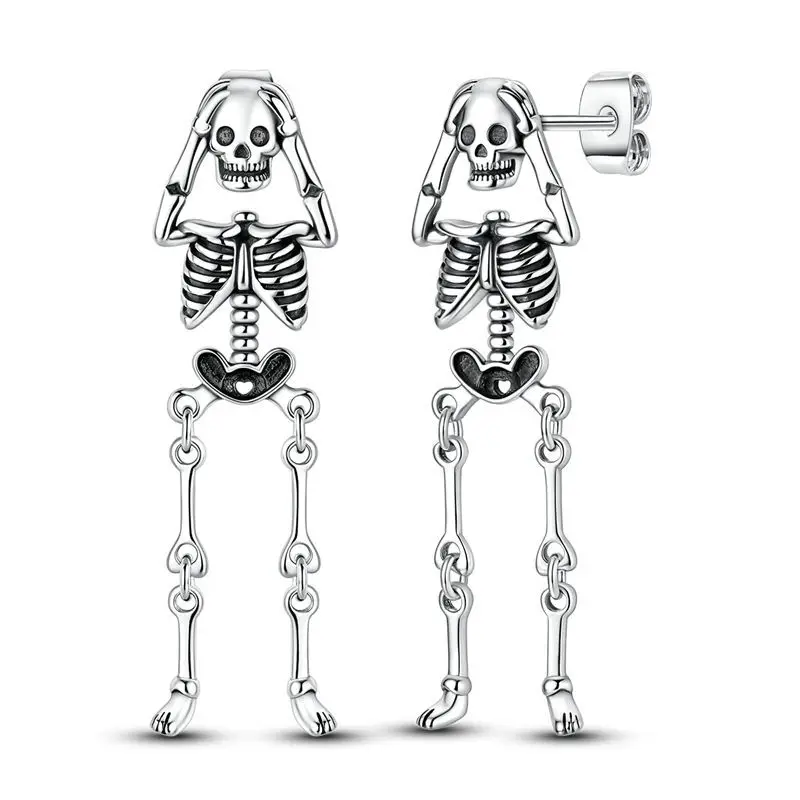 925 Sterling Silver Articulated Full Body Skeleton Dangle Stud Earrings Movable Joint Holding Head Skull Earrings Jewelry Gift
