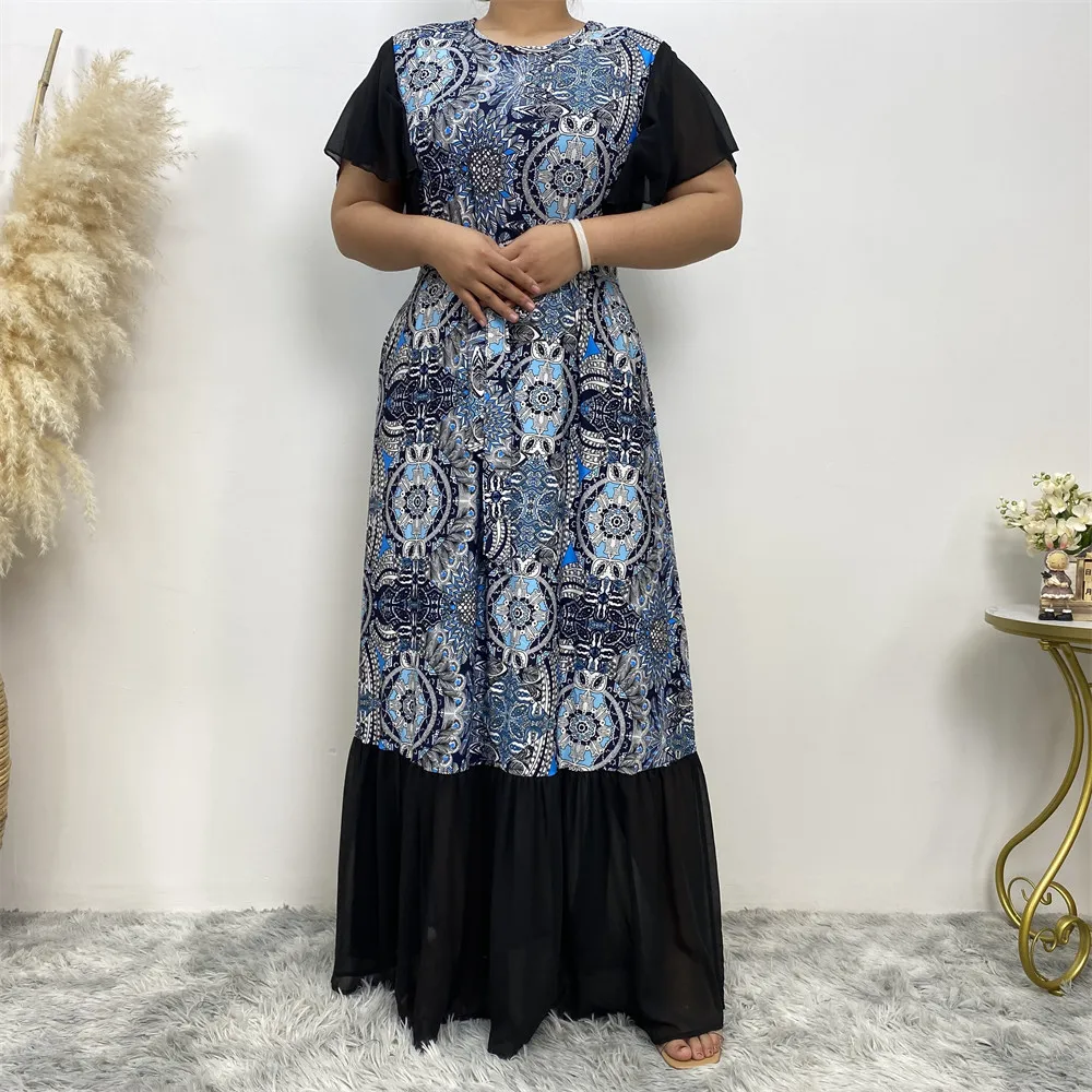 Muzułmański garnitur elegancki Abaya Africa plus size moda Dubai długa z nadrukiem krótki rękaw patchworkowa sukienka długa marońska