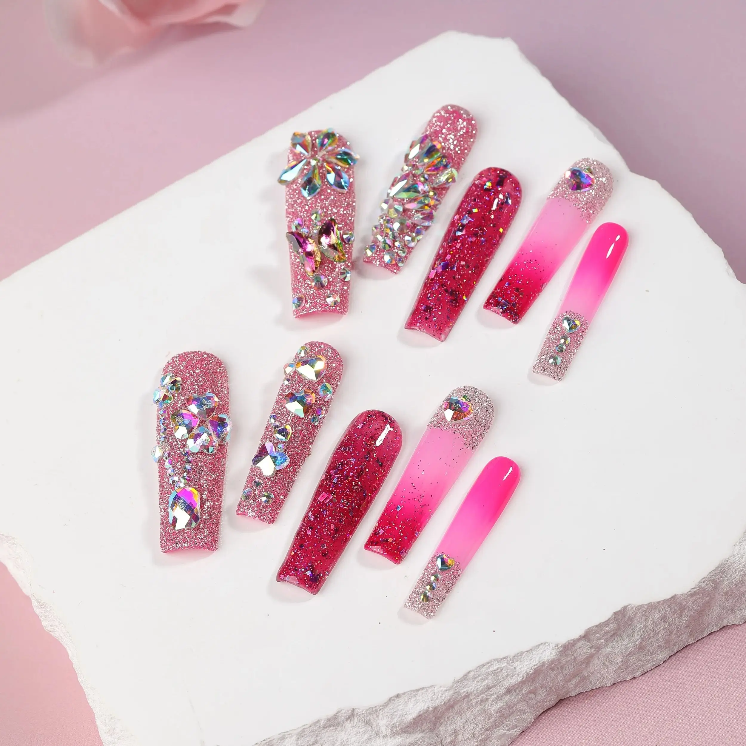 10pcs Long Coffin Fake Nails Rose Red Design Full Coverage False Nail Art Finished with GluWearable Removable Press on Nails