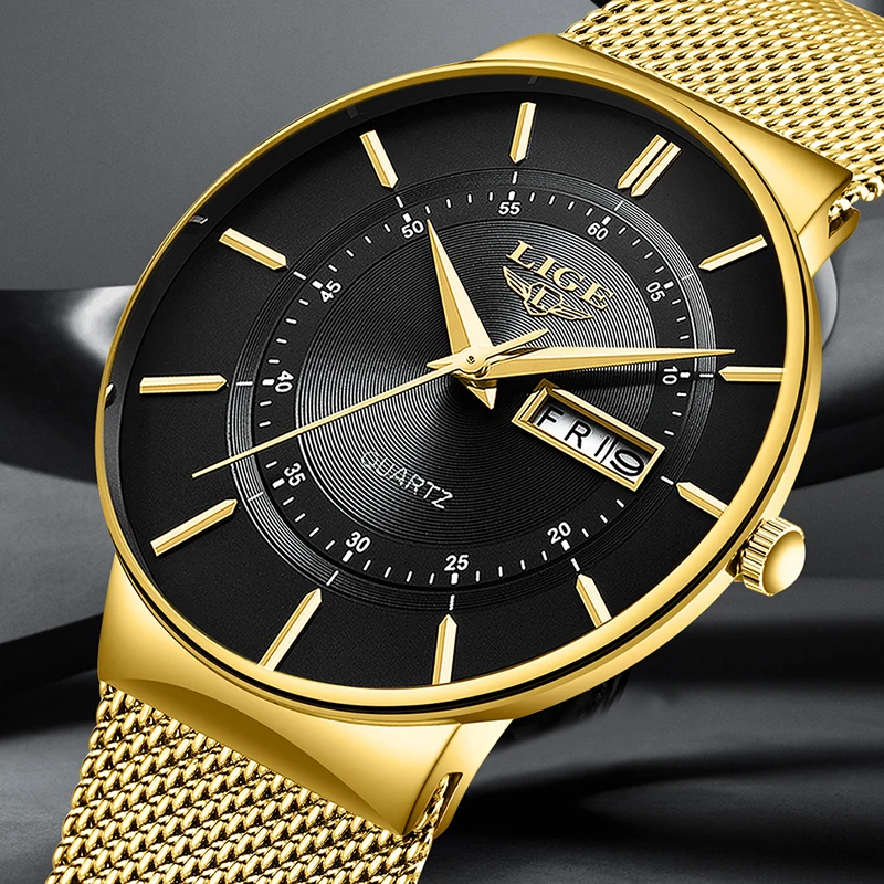 LIGE Modische Casual Herrenuhr Luxuriöses Einfaches Zifferblatt mit Wochen- und Datumsanzeige Edelstahl-Mesh-Armband Ultraflache Quarz-Uhren Wasserdichte Herrenuhren