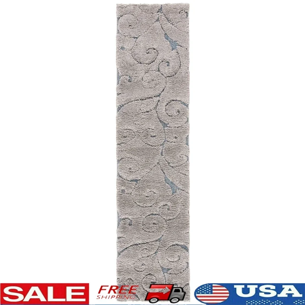 

Plush Shag Runner Rug Indoor Decorative Thick Pile High-Low Floral Vine Design Durable Area Carpet