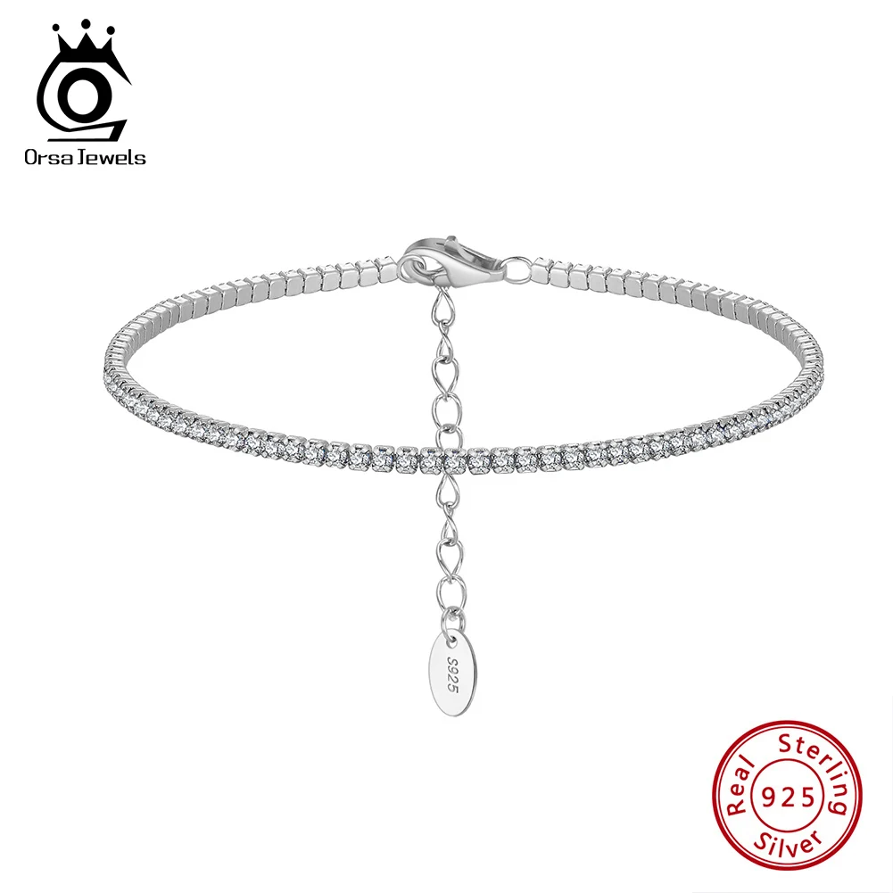 

ORSA JEWELS Shiny 925 Sterling Silver Tennis Bracelet 1.5mm Clear Bazel Setting CZ for Women Chain Bracelet Luxury Jewelry SB190