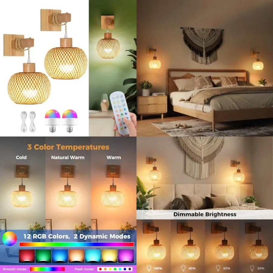 Wall Sconces Battery Operated Set of 2, Rechargeable Boho Wall Sconces with 8000mAh Bulbs, 3CCT+12RGB Dimmable Woven Bamboo Wal