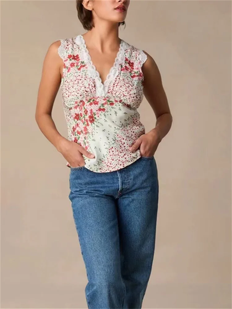 Ladies Floral Printed 100% Viscose Short Blouse Women Lace Trim V-Neck Sleeveless Tank Top Summer 2024 New