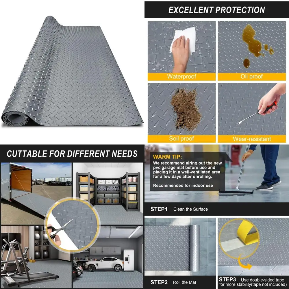 

Thick 2.8mm Diamond Plate PVC Rubber Mat for Garage, Motorcycle, and Cart Parking - Non-Slip Floor Protector in Grey