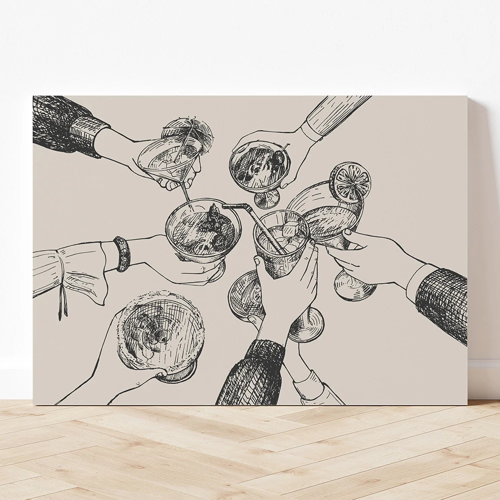 Funny Bar Kitchen Black White Poster Cheers Art Canvas Bar Cart Drink Painting Line Wine Cocktail Wall Picture Living Room Decor