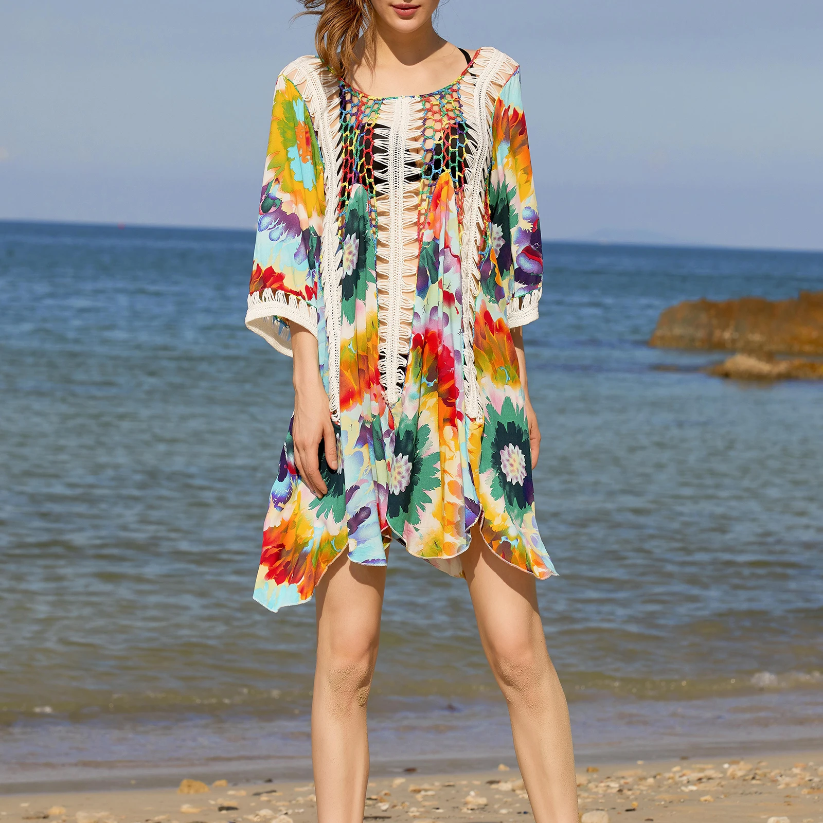 Women Beach Cover Up Colorful Print Hollow-Out Summer Swimsuit Coverup Crochet Bathing Suit Cover Ups Dresses