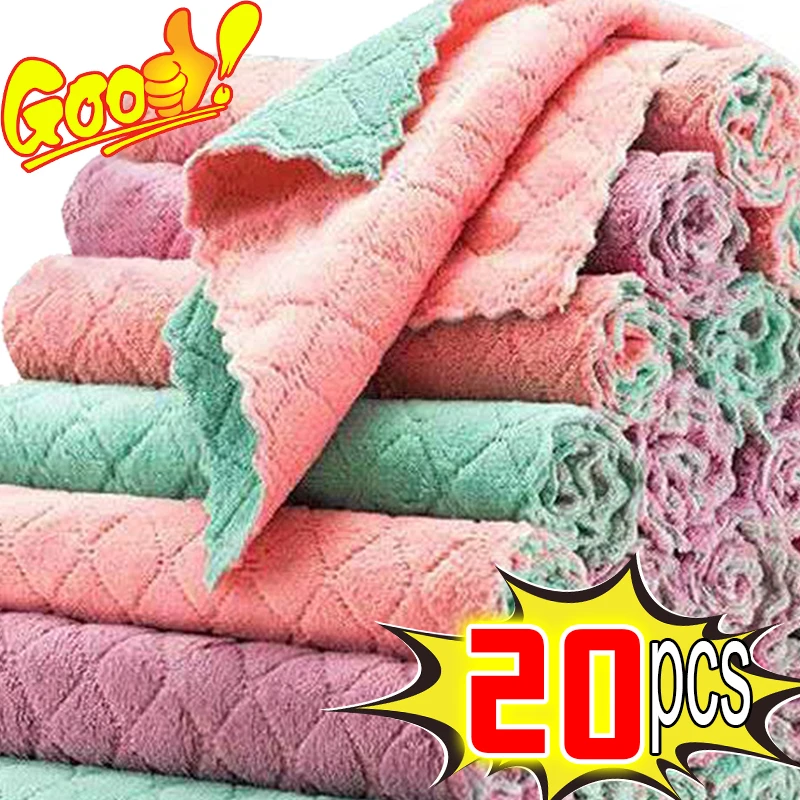 Super Absorbent Microfiber Towel Kitchen Cleaning Cloth Non-stick Oil Dishcloths Double Layer Washing Cloths Rags Scouring Pads