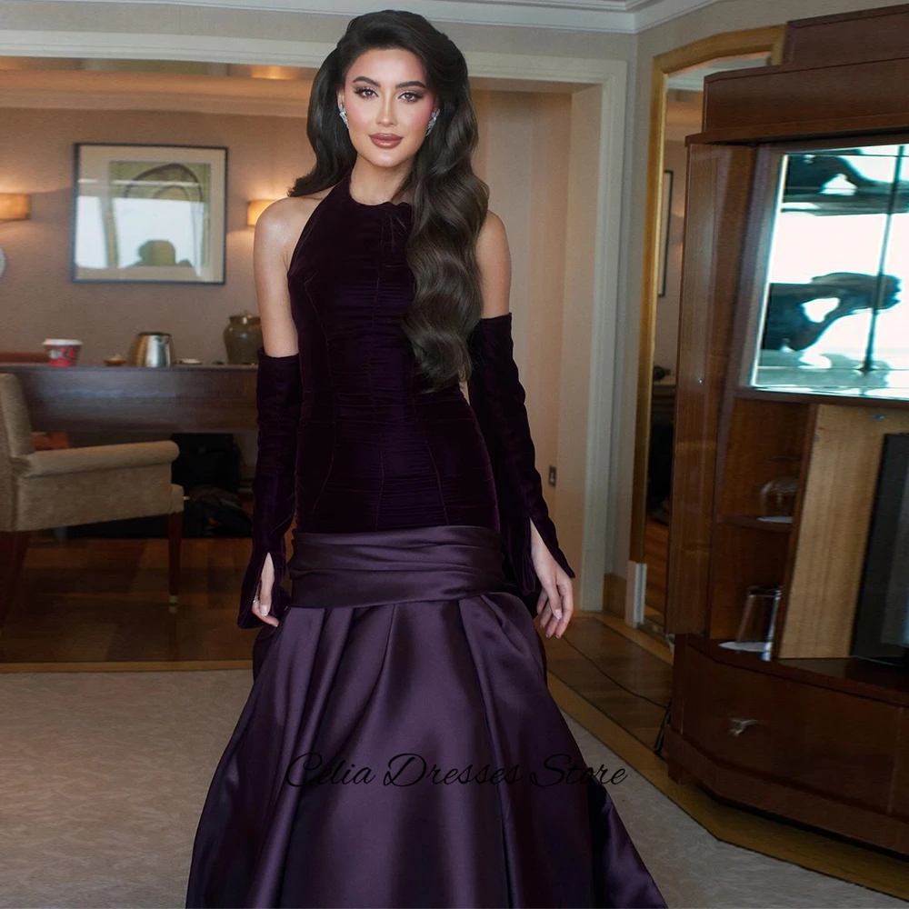 Fioletowa sukienka wieczorowa z weluru i satyny, elegancka, z trenem, sukienka na powrót do szkoły, formalna, syreni krój, kontrastowe kolory, suknia na specjalną okazję.