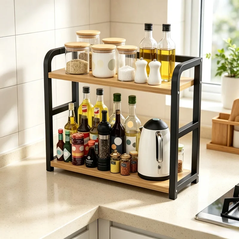 1Pc 2‑Tier Rust‑Resistant Metal Countertop Storage Shelf, Space‑Saving Kitchen Organizer for Mugs Spices Condiment Bottles