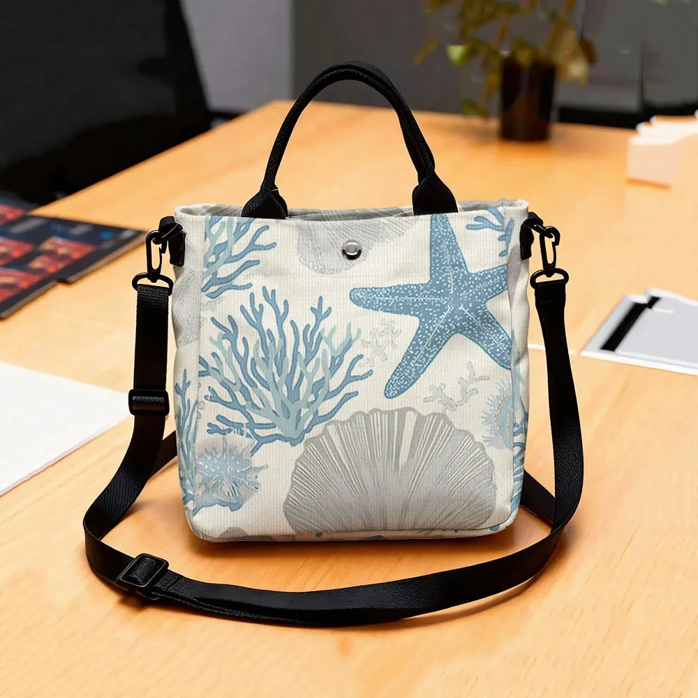 Ocean Starfish Coral Shell Print Tote Bag, Detachable Strap Crossbody Handbag For Daily Work Shopping
