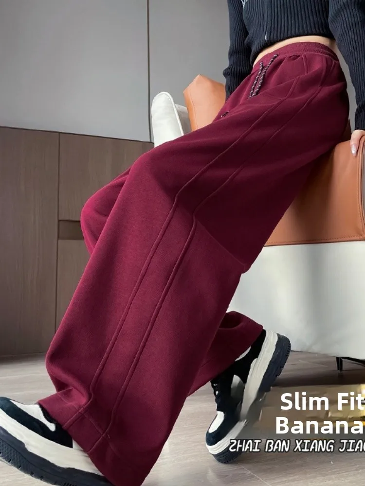 Ankela Rode Slanke Wijde Pijpen Broek Dames Lente Herfst 2025, Kleine Maat Afslanken Drapey Spor Banaan Rechte Pijpen Broek