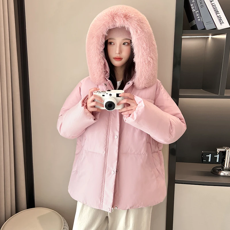 Autumn Winter Down Jackets Thick Short Hooded Big Fur Collar Down Padded Jacket Casual Student Fashion Women's Parka Coats 2025